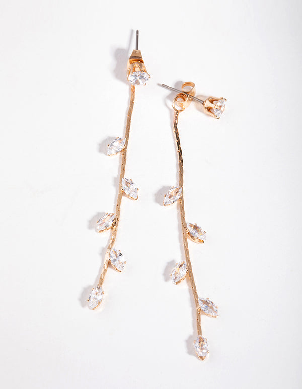 Gold Petal Diamante Long Drop Earrings