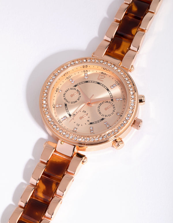 Rose Gold Tortoiseshell Bling Link Strap Watch