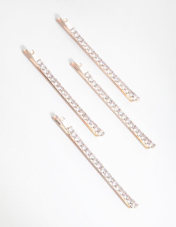 Rose Gold Cubic Zirconia Simple Hair Slide 4-Pack