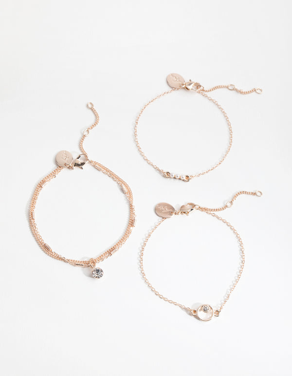 Rose Gold Diamante & Faux Pearl 4-Pack Bracelet