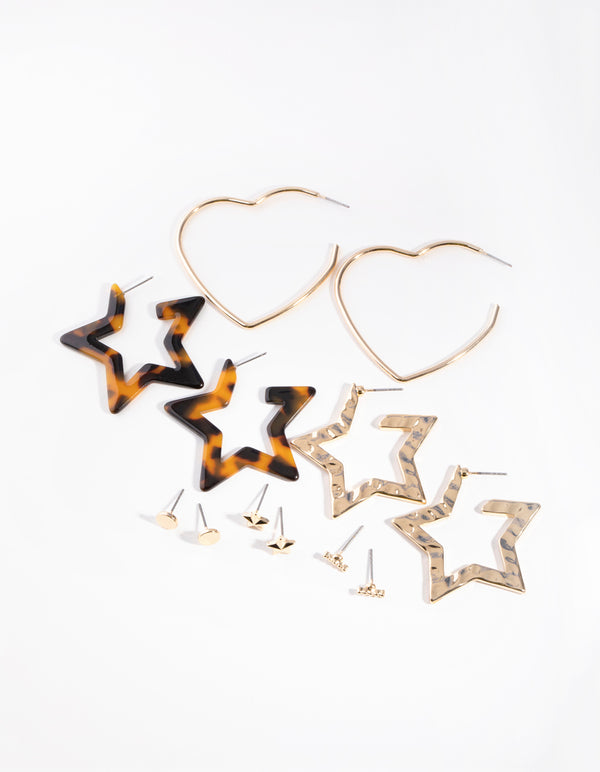 Gold Tortoiseshell Star Hoop 6-Pack Earring