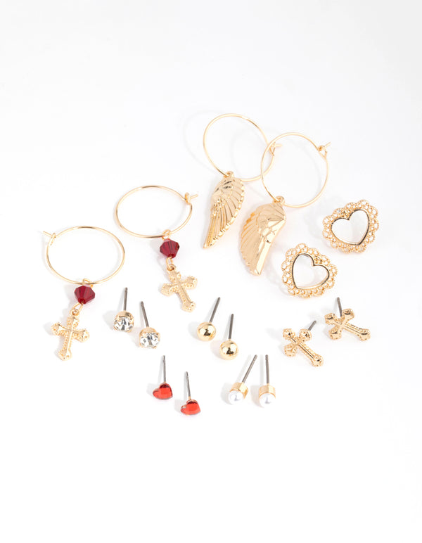 Gold Cross & Wings Earring 8-Pack