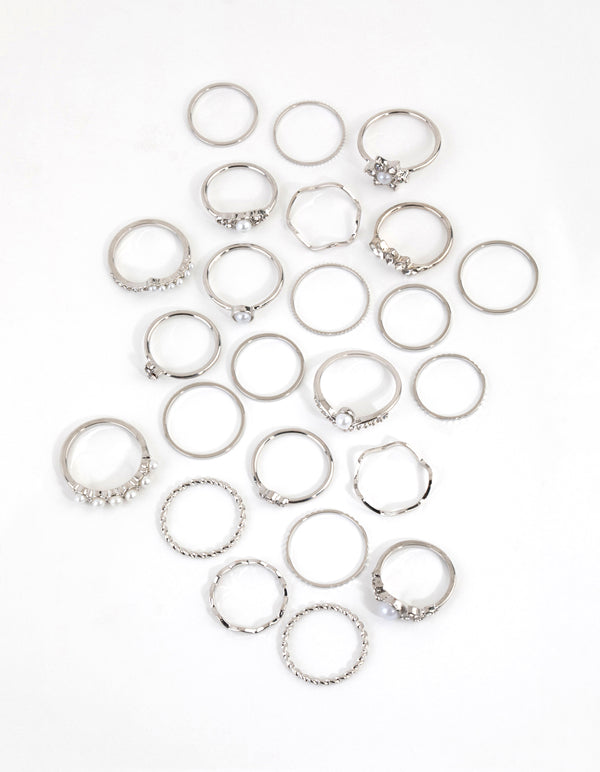 Silver Diamante & Pearl Ring 24-Pack