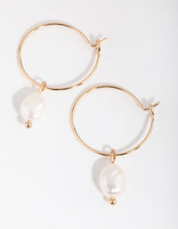 Gold Freshwater Pearl Pebble Pendant Hoop Earrings - link has visual effect only