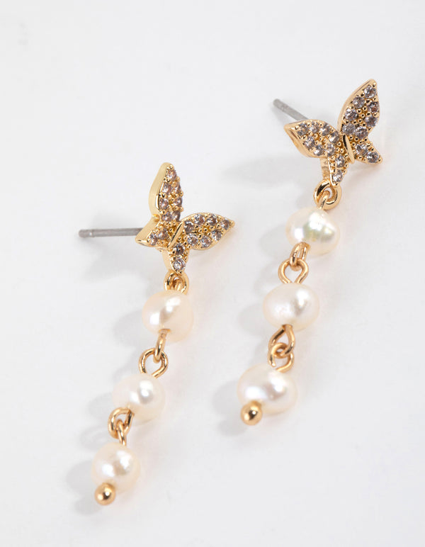 Gold Plated Butterfly Freshwater Pearl Drop Earrings