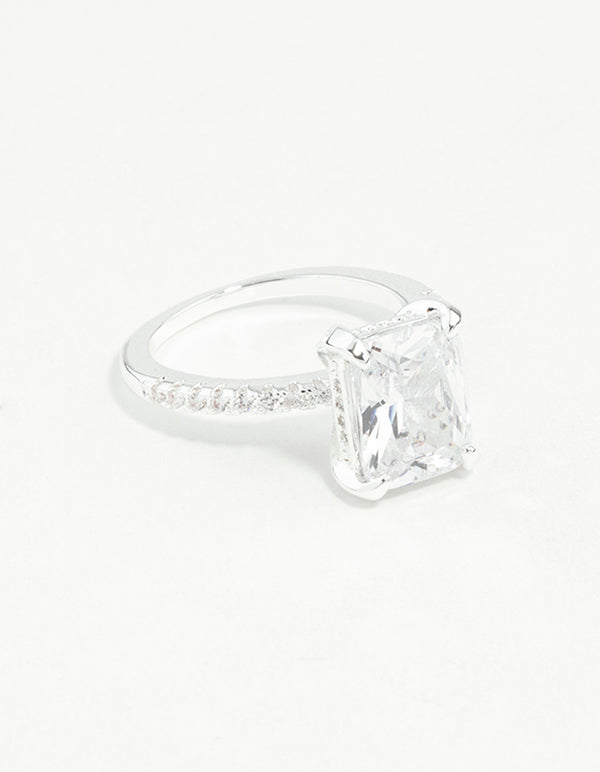 Silver Emerald Cut Cubic Zirconia Diamante Band Ring