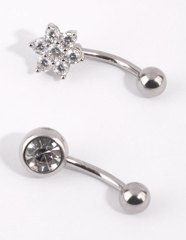 Surgical Steel Flower Diamante Belly Bar Set