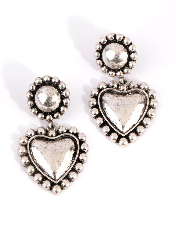 Antique Silver Heart & Sphere Drop Earrings