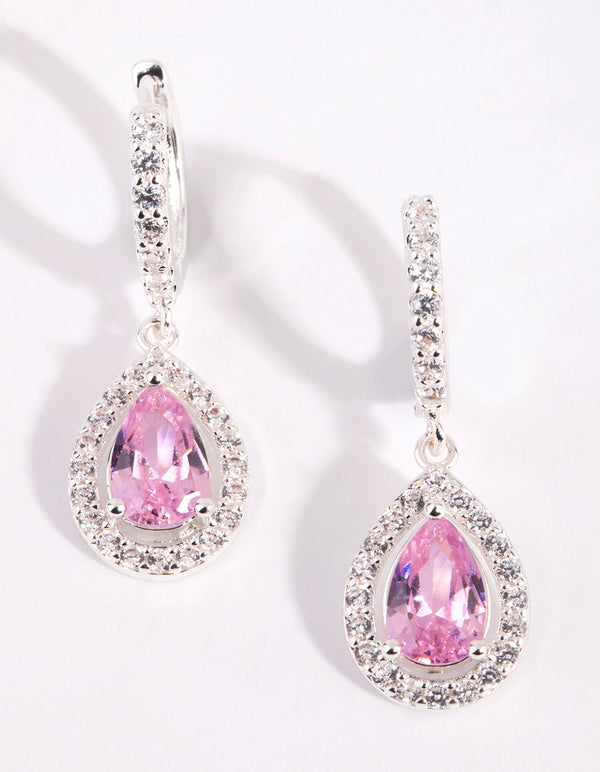 Silver & Pink Cubic Zirconia Huggie Earrings