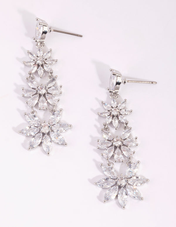 Silver Cubic Zirconia Flower Drop Earrings