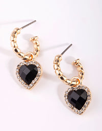 Gold Black Diamante Heart Huggie Earrings - link has visual effect only