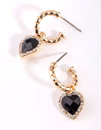 Gold Black Diamante Heart Huggie Earrings - link has visual effect only