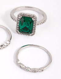 Rhodium Emerald Diamond Simulant Halo Ring Pack - link has visual effect only