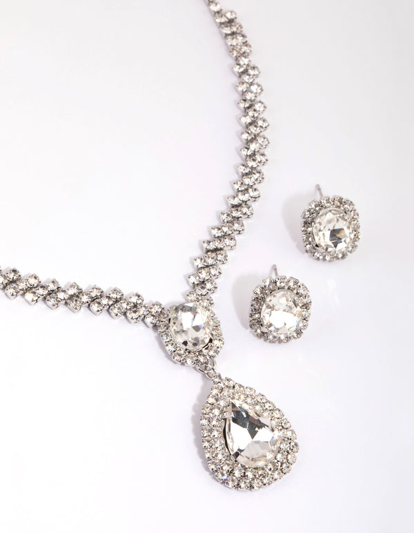 Rhodium Teardrop Surrounded Necklace & Earrings Set