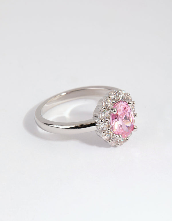 Silver Pink Cubic Zirconia Oval Ring