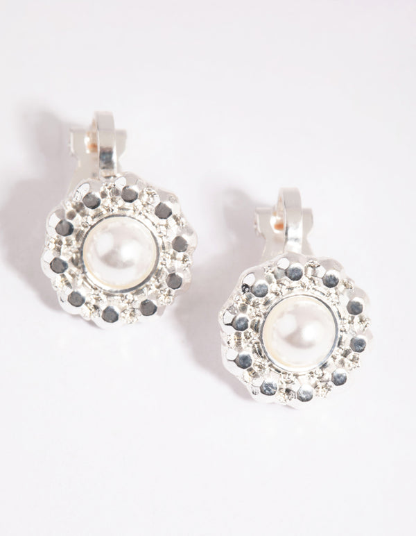 Silver Pearl & Diamante Clip On Earrings