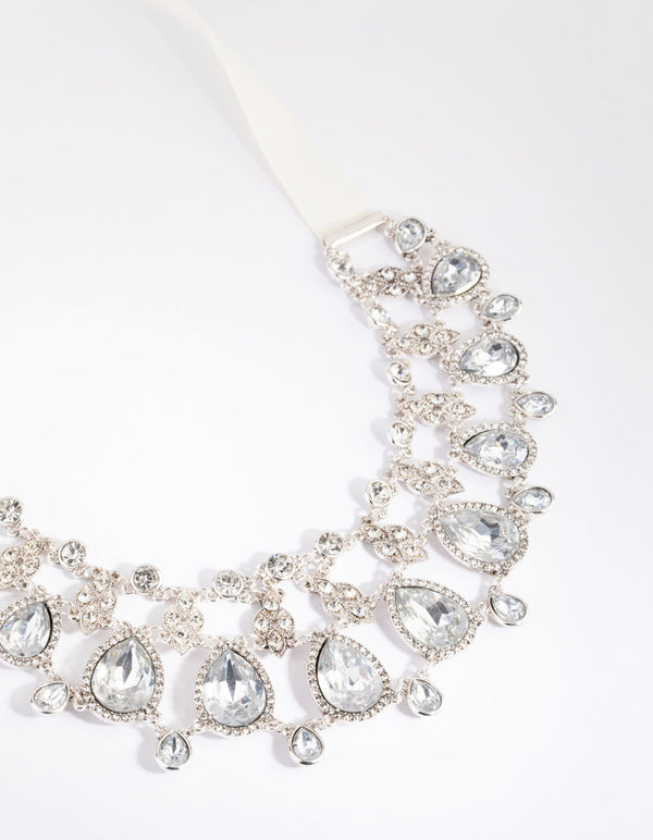 Antique Silver Diamante Ribbon Necklace