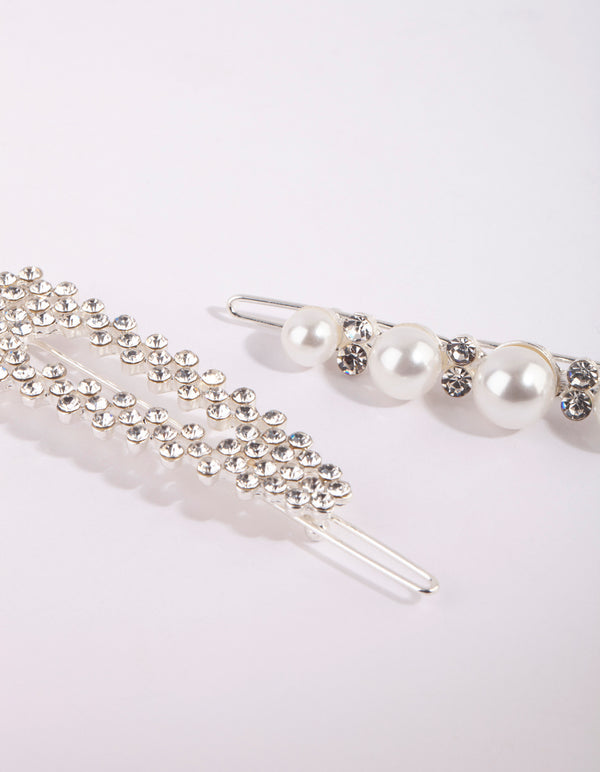 Silver Diamante & Pearl Clip Set