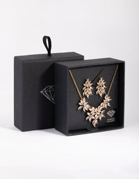 Gold Diamond Simulant Navette Flower Necklace & Earring Set - link has visual effect only