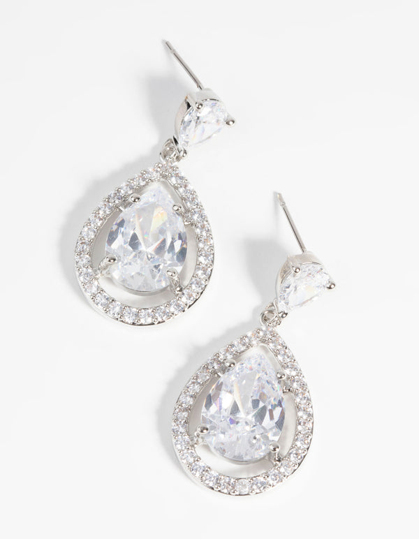 Rhodium Diamond Simulant Halo Teardrop Earrings