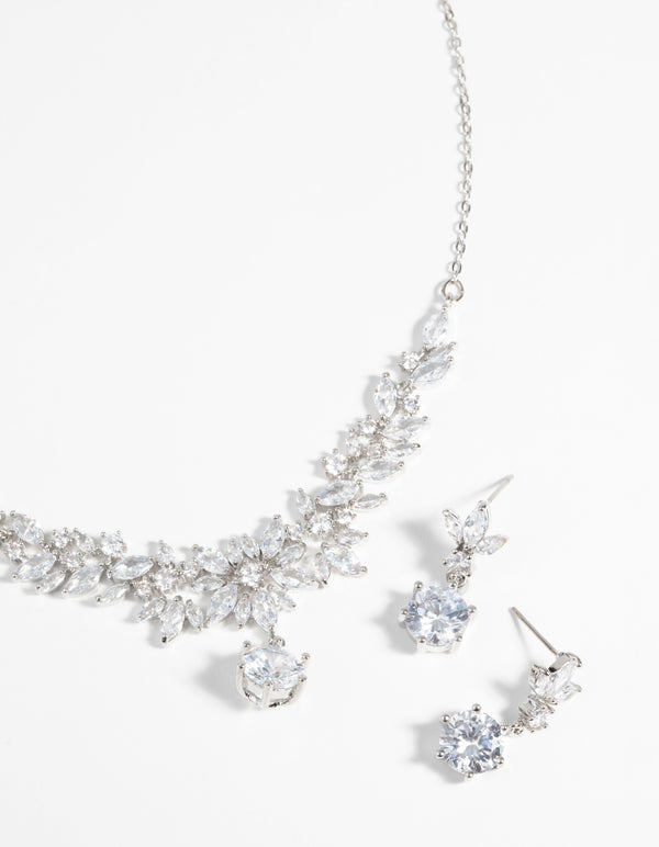 Silver Diamond Simulant Navette Necklace & Earrings Set