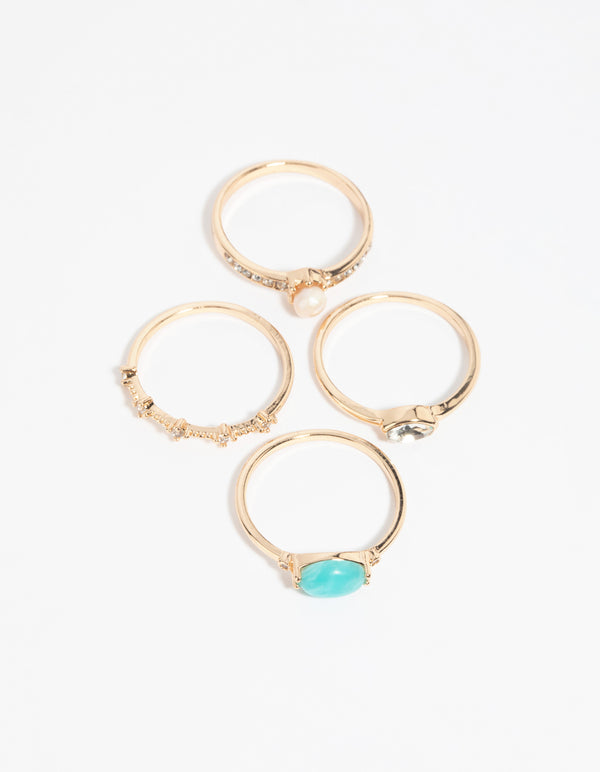 Gold Pearl & Semi-Precious Ring 4-Pack