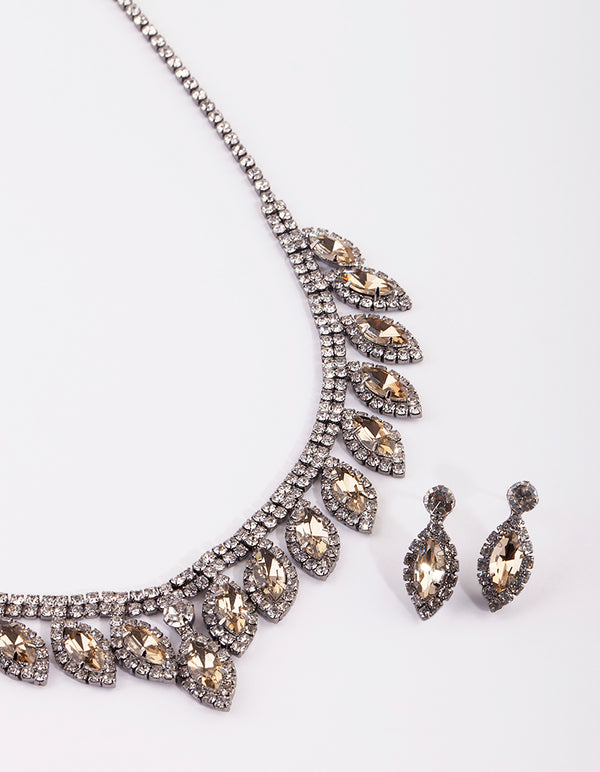 Gunmetal Marquise Diamante Necklace & Earrings Set