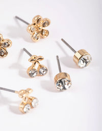 Gold Cherry & Flower Diamante Stud Earring Pack - link has visual effect only