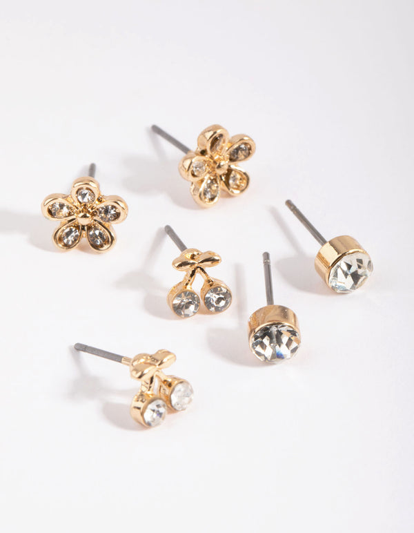 Gold Cherry & Flower Diamante Stud Earring Pack