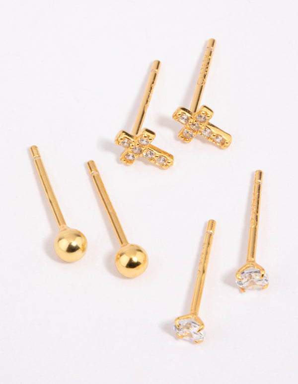 Gold Plated Sterling Silver Cross & Diamante Stud Earring Pack