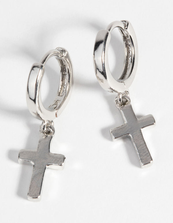 Rhodium Cross Huggie Hoop Earrings