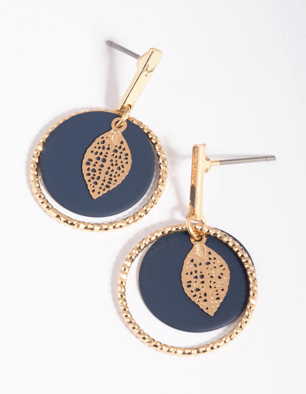 Navy Leaf Drop Earrings