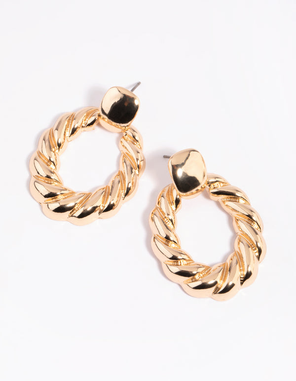 Gold Twisted Door Knocker Stud Earrings