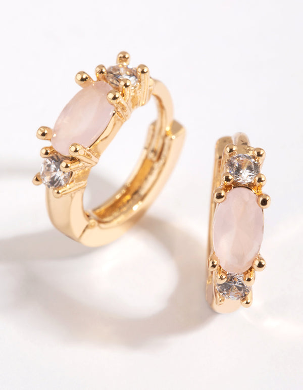 Rose Quartz & Diamante Huggie Hoop Earrings