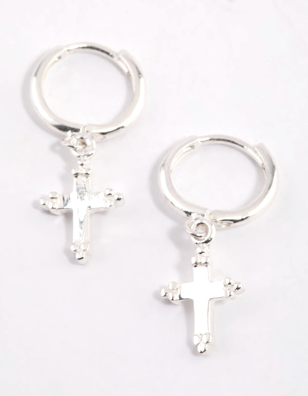 Sterling Silver Cross Huggie Hoop Earrings