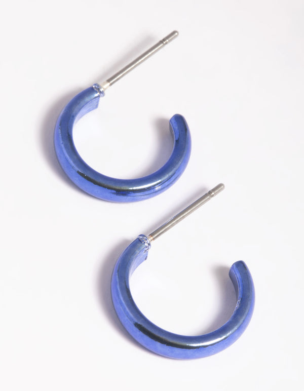 Matte Blue Metallic Huggie Hoop Earrings