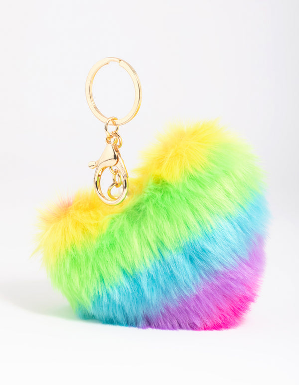 Kids Rainbow Fluffy Heart Keyring