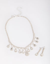 Silver Teardrop Diamante Statement Necklace & Earrings Set - link has visual effect only