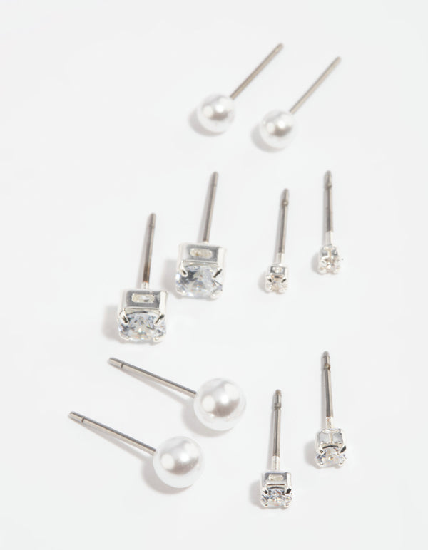 Silver Diamante Stud Earring 5-Pack