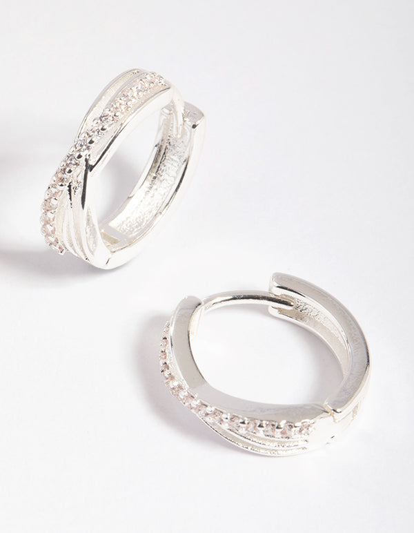 Silver Cubic Zirconia Twisted Huggie Hoop Earrings