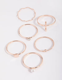 Rose Gold Dainty Pearl Rings 6-Pack - link has visual effect only