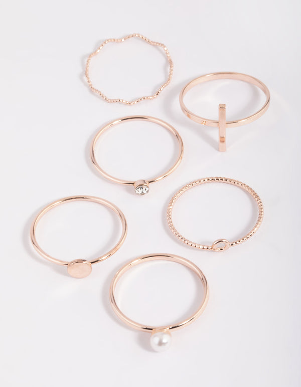 Rose Gold Dainty Pearl Rings 6-Pack