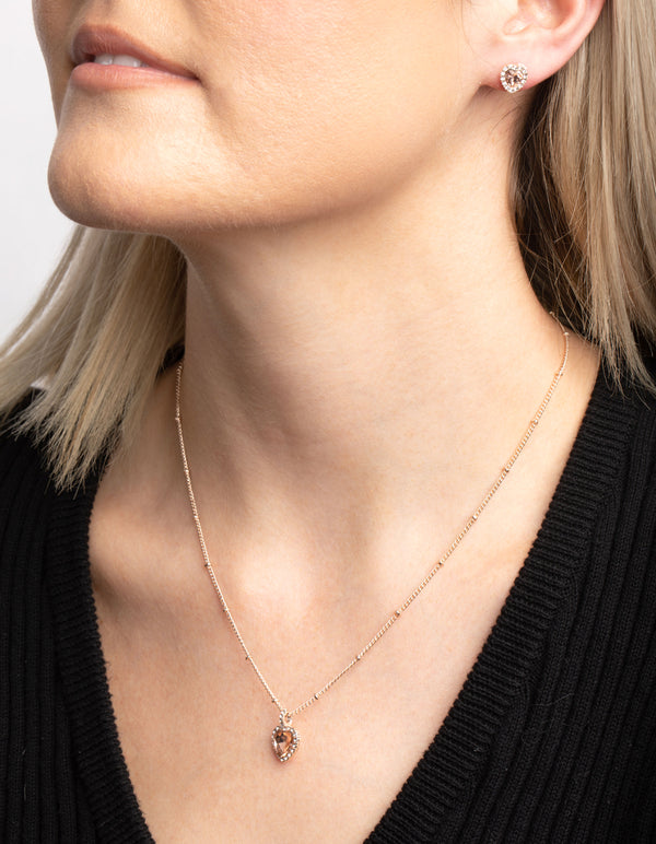 Rose Gold Heart Diamante Halo Necklace Earrings Set Lovisa