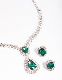 Rhodium Diamond Simulant Emerald Necklace & Earrings Set - link has visual effect only