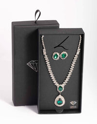 Rhodium Diamond Simulant Emerald Necklace & Earrings Set - link has visual effect only