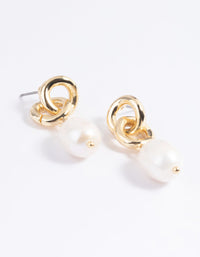 Gold Plated Double Link Freshwater Pearl Earrings - link has visual effect only