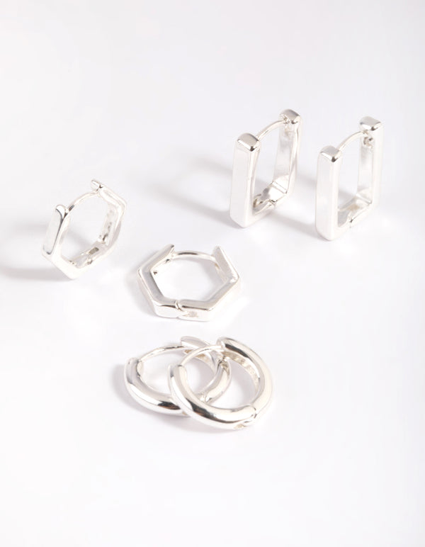 Silver Plated Brass  Hexagon Earring Stack 6-Pack