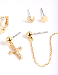 Gold Plated Cubic Zirconia Moon & Cross Earring Stack 6-Pack - link has visual effect only