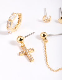 Gold Plated Cubic Zirconia Moon & Cross Earring Stack 6-Pack - link has visual effect only