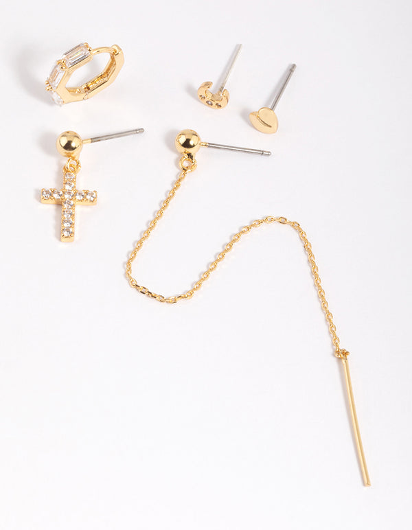 Gold Plated Cubic Zirconia Moon & Cross Earring Stack 6-Pack